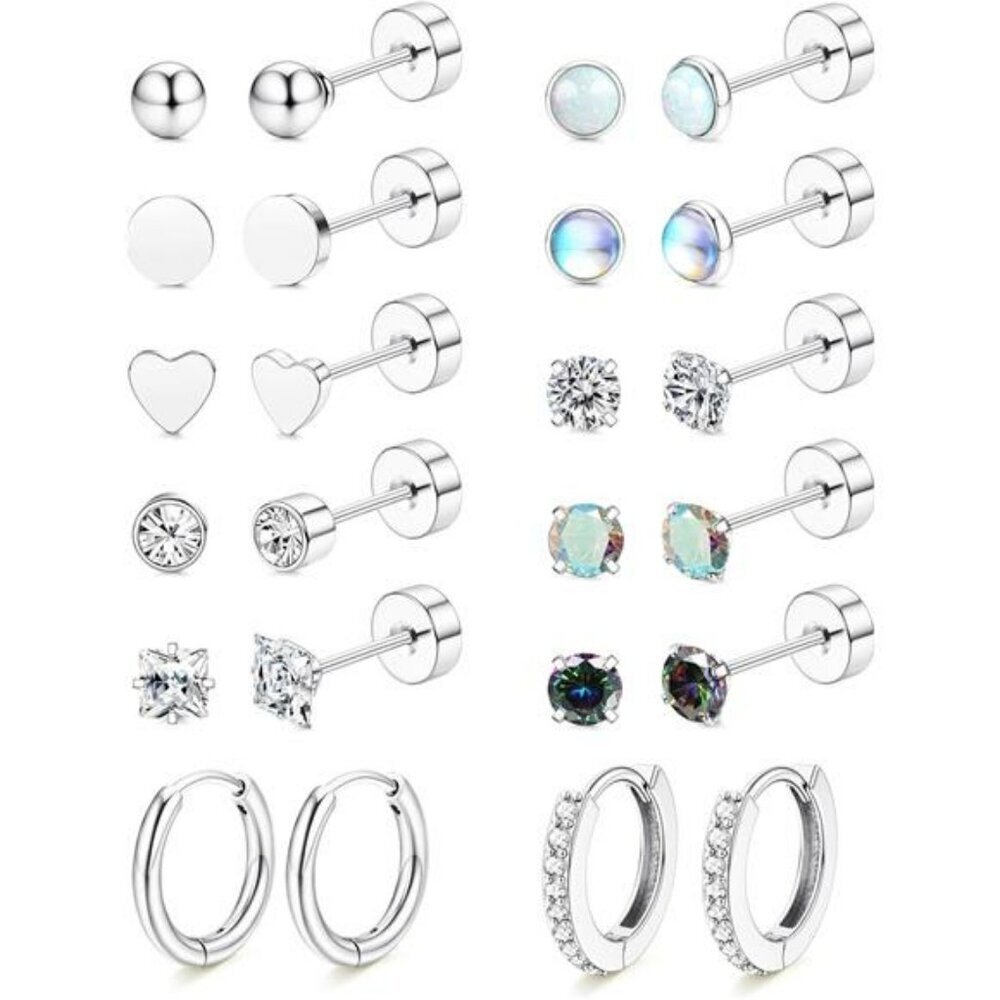 Surgical steel stud and hoop earrings set hypoallergenic flat back cartilage